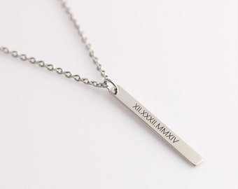 Personalized Name, Date Bar Necklace, Engraved Coordinates Jewelry