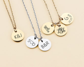 Collar de disco con inicial personalizada, colgante de monograma de acero inoxidable