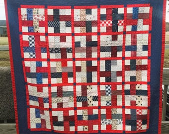 Patriotic Baby Quilt, Hand-made Red, White, and Blue Small Quilt