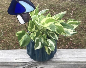 Stained Glass Mushroom Plant Stake: Royal Blue Garden Decor