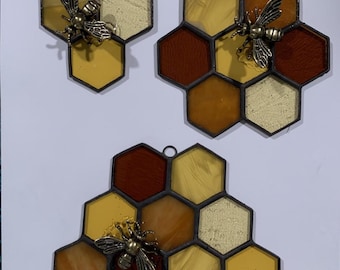 Stained Glass Honeycomb with Brass Bee