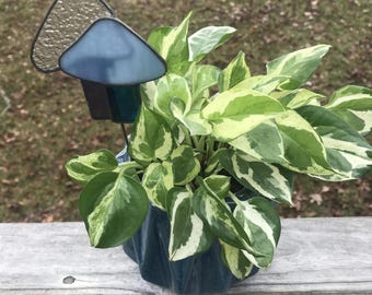 Stained Glass Mushroom Plant Stake: Blue & Clear Plant Decoration