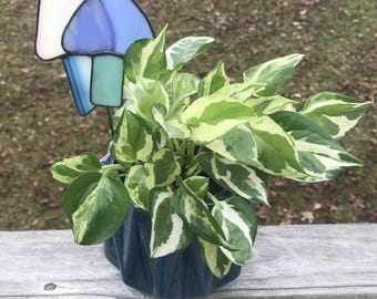 Stained Glass Mushroom Plant Stake: White & Blue Garden Decor