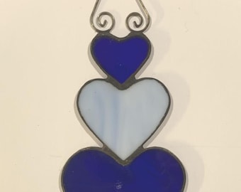 Triple Stained Glass Hearts Sun Catcher, Valentine's Day Decor, Blue White Hearts