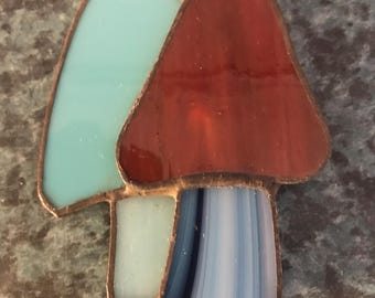 Stained Glass Mushroom Plant Stake: Turquoise & Red Garden Decor
