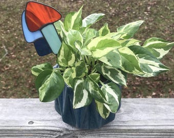 Stained Glass Mushroom Plant Stake: Blue & Orange Garden Decor