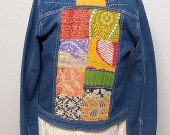 Upcycled Women's Denim Jacket Embellished with Kantha Patchwork - size M