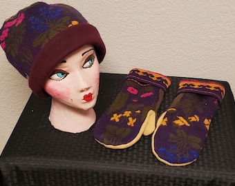 Upcycled Wool Slouch Beanie and Mitten Set, M/L