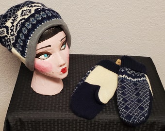 Upcycled Wool Slouch Beanie and Mitten Set M/L