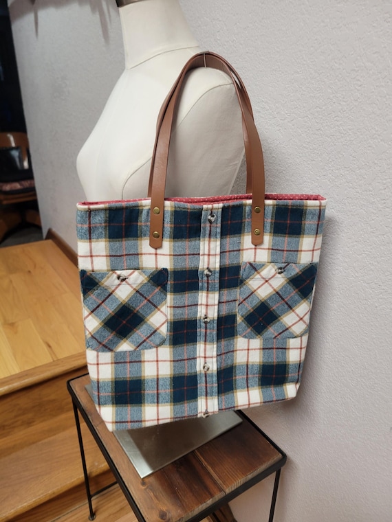 Upcycled Green Plaid Wool Shirt Tote Bag - large