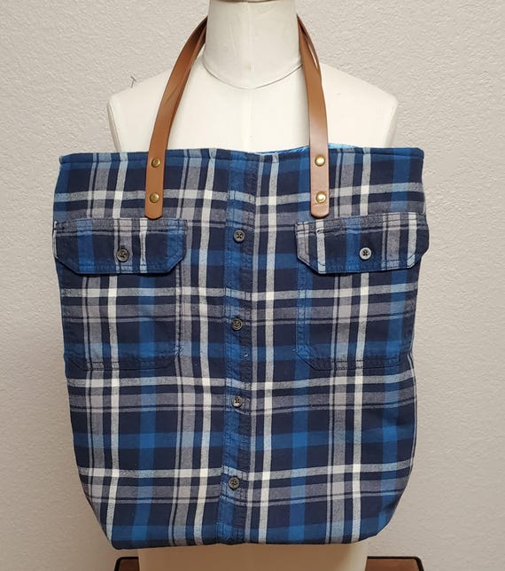 Upcycled Blue Plaid Flannel Shirt Tote Bag - large