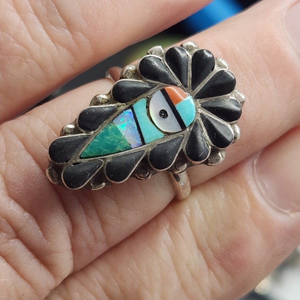 Stanford & Geraldine Gchachu. Zuni Sun Face Multi Stone Inlay Ring sz 7.75