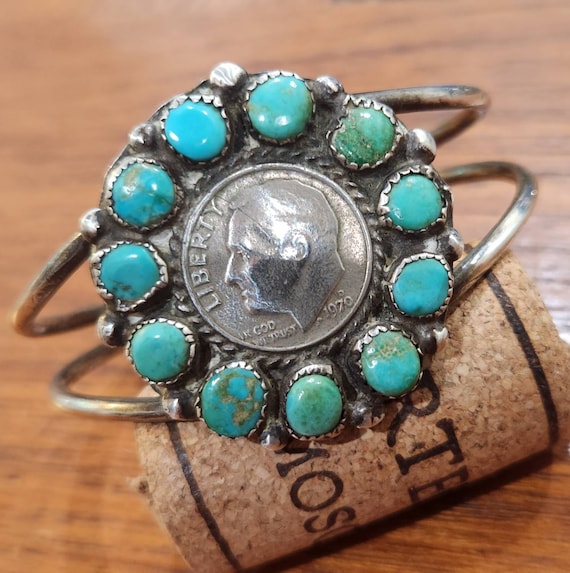 Vintage Silver and Turquoise 11 stone  Bracelet h… - image 3