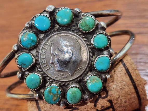 Vintage Silver and Turquoise 11 stone  Bracelet h… - image 1