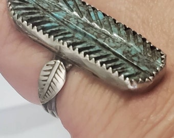 Silver and Carved Turquoise ring sz9 carved like a feather