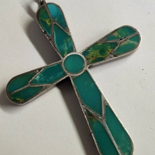 Vintage Turquoise Nice Matrix Channel Inlay Cross Sterling Silver Pendant Necklace