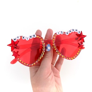 My Kink is Karma red heart-shaped sunglasses ~ embellished sunnies by Baba Cool ~ quality lyric sunnies since 2015!