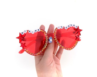 My Kink is Karma embellished red heart-shaped sunglasses