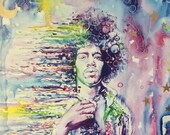 Wind Cries Jimi Watercolor India Ink, 11x14 quot Print vibrant colorful painting, Jimi Hendrix