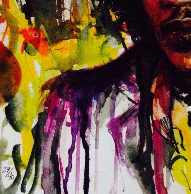 by Jenna Lee Leonard HEAVEN AND HELL watercolor print of Jimi Hendrix