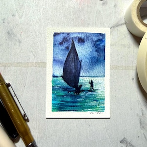 ORIGINAL PAINTING ACEO watercolor small art Storm Warning : (2.5” x 3.5”)