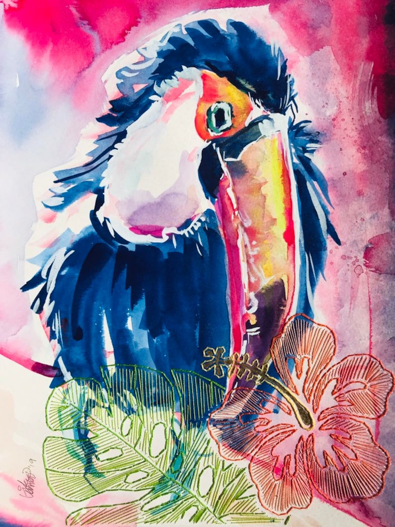 The Toucan Watercolor Painting and Embroidery collaboration with Kendall