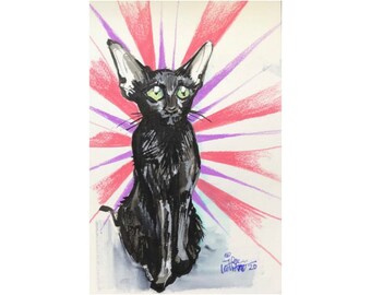 Kapow Cat, original 6”x9” drawing illustration black cat painting