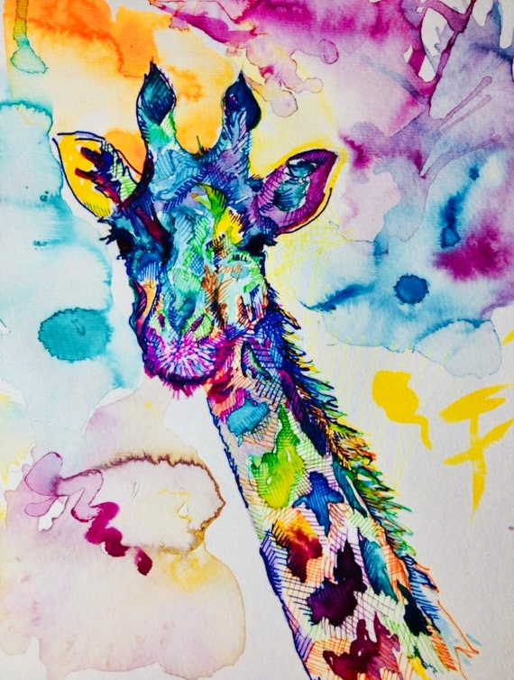 Giraffe Colorful Sharpie Pen and Watercolor Original Painting - Etsy