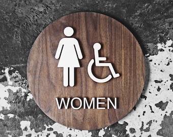 Women Restroom Bathroom Wooden Sign - WC Signage - 6",  9" Size - Modern Interiors - Text & Braille Optional - FEMALE Sign Only