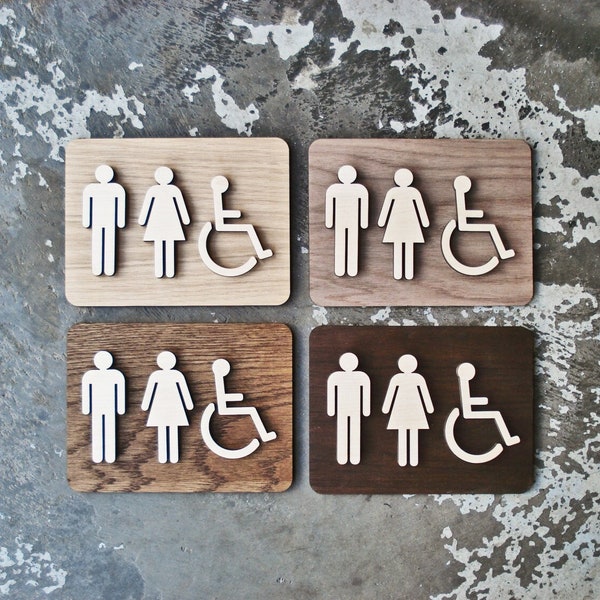 Modern Unisex Restroom Bathroom Sign - WC Signage - 6" x 8" or 9" x 12" Size - Raised Wooden Figures - Gender Neutral Toilets - 8 Woods