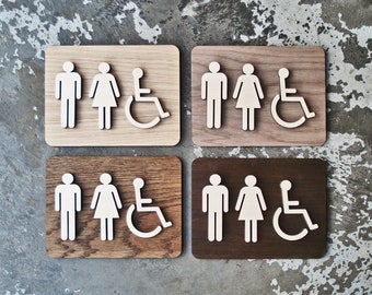 Modern Unisex Restroom Bathroom Sign - WC Signage - 6" x 8" or 9" x 12" Size - Raised Wooden Figures - Gender Neutral Toilets - 8 Woods