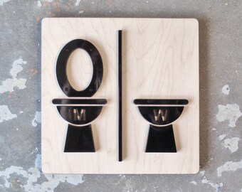 Gender Neutral Toilet Bathroom Sign - Binary Signage - Simple Modern Restroom - Many Wood Finish Options Available - Various Sizes