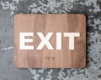 Wood Exit Office Sign - Various Size & Finish Options - Contemporary Interior Design - Raised Text - Optional Braille
