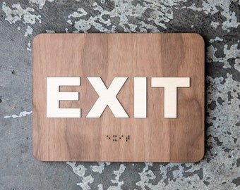 Wood Exit Office Sign - Various Size & Finish Options - Contemporary Interior Design - Raised Text - Optional Braille