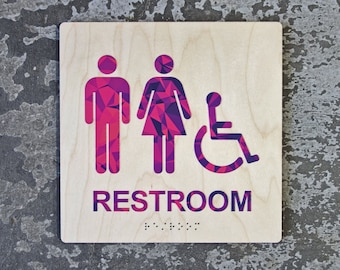 ADA Colorful Restroom Bathroom Sign - Geometric Design - 8"x8" Size - Modern Decor - Braille & Handicap - CHROMATONE Series: The Amethyst