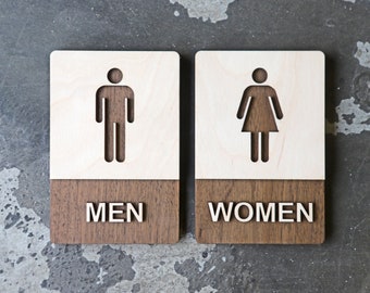 Recessed Wood Restroom Sign Set - Modern Bathroom - 6"x9" Size - 9 Wood Finishes - Beautiful ADA Signage - Hotel & Restaurant - 2 Sign Set