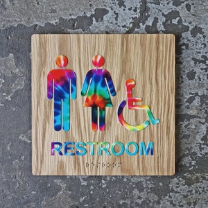 Colorful ADA Restroom Bathroom Sign - Tie Dye Design - 8"x8" - Modern Rainbow Decor - Braille & Handicap - CHROMATONE Series: The Tie Dye