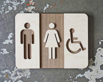 Unisex Wood Cutout Restroom Sign - Unique Bathroom Decor - Modern Interior Design - Various Sizes - 9 Wood Finishes - ADA Signage