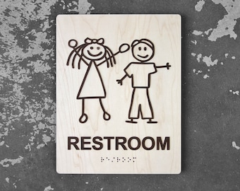 Kids Restroom Braille Wood Sign - Children's Bathroom - School & Nursery Signs - 1 Sign - Stick Figure Signage - Waldorf Montessori Schools