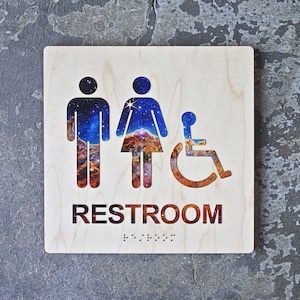 ADA Braille Restroom Bathroom Sign - Space Galaxy Motif - 8"x8" - Modern Decor - Handicap & Family Design - CHROMATONE Series: The Cosmos