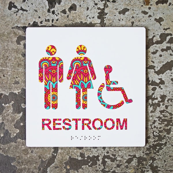 ADA Colorful Restroom Bathroom Sign - Geometric Design - 8"x8" Size - Modern Decor - Braille & Handicap - CHROMATONE Series: The Boho 2