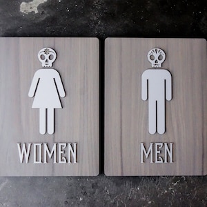 Day of the Dead Bathroom Sign Set - Dia de los Muertos - Custom Themed Restrooms - Various Sizes - 2 Sign Set - Brushed Metal Vinyl