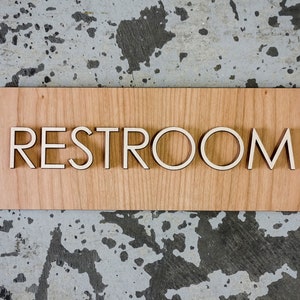 Modern Raised Text Restroom Sign - Various Wood Finishes - Raised Birch Text - Simple Wood Design - 8&quot;-24&quot;+ Sizes Available