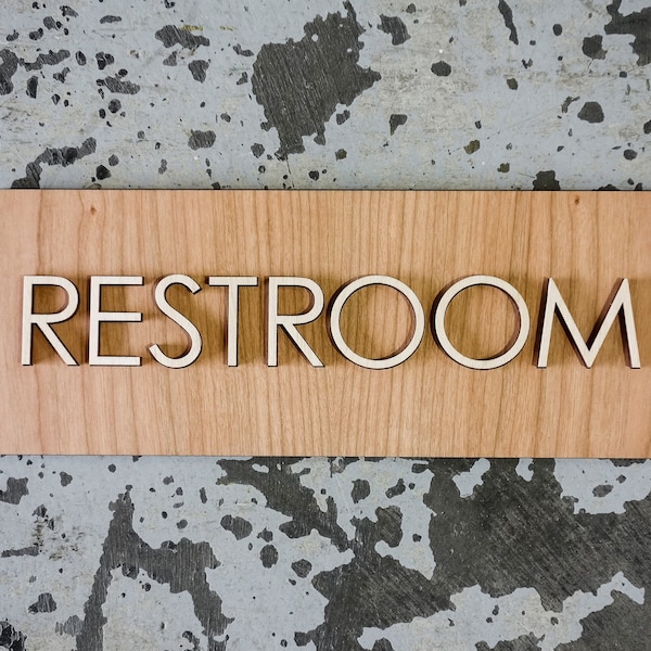 Modern Raised Text Restroom Sign - Various Wood Finishes - Raised Birch Text - Simple Wood Design - 8"-24"+ Sizes Available