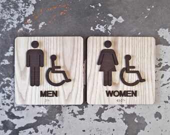 Walnut Ash Restroom Sign Set - ADA Compliant - Various Sizes Available - 2 Signs - Square Wooden Signage - Male Female Wayfinding
