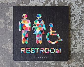 ADA Colorful Restroom Bathroom Sign - Rainbow Design - 8"x8" Size - Modern Decor - Braille & Handicap - CHROMATONE Series: The Kaleidoscope