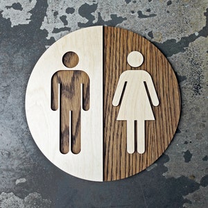 The ORIGINAL Half & Half Unisex Bathroom Sign - Office Restroom WC Signage - 6"  9" or 12" Size - Raised Figures - Round Wood Modern Design