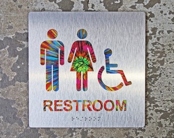 ADA Metal Restroom Bathroom Sign - Rainbow Design - 8"x8" Size - Modern Decor - Braille & Handicap - CHROMATONE Series: The Burst