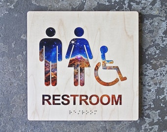 ADA Braille Restroom Bathroom Sign - Space Galaxy Motif - 8"x8" - Modern Decor - Handicap & Family Design - CHROMATONE Series: The Cosmos