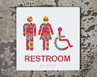 ADA Colorful Restroom Bathroom Sign - Geometric Design - 8"x8" Size - Modern Decor - Braille & Handicap - CHROMATONE Series: The Boho 2